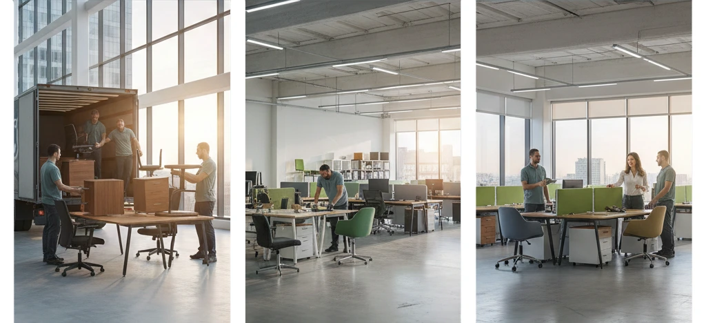 צוות שמוביל ציוד וריהוט משרדי שנקנה למשרד וצוות שמפנה את הציוד והריהוט מהמשרד